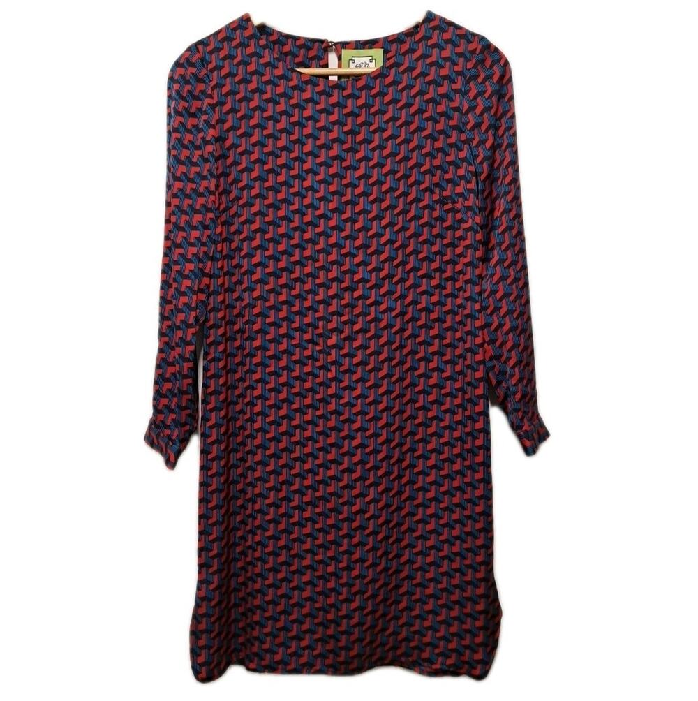 Elizabeth McKay Long Sleeve Shift Mini Dress Womens 2 Red Blue Silk Satin Preppy